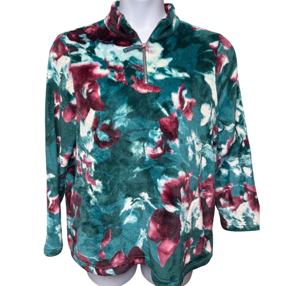 CHICO'S Teal Floral Faux Fur Fleece Quarter Zip Pullover‎ Sz 2/L Soft Gorpcore